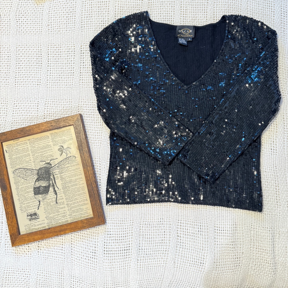 Oscar by Oscar de la Renta Sequin V-Neck Top – Size S